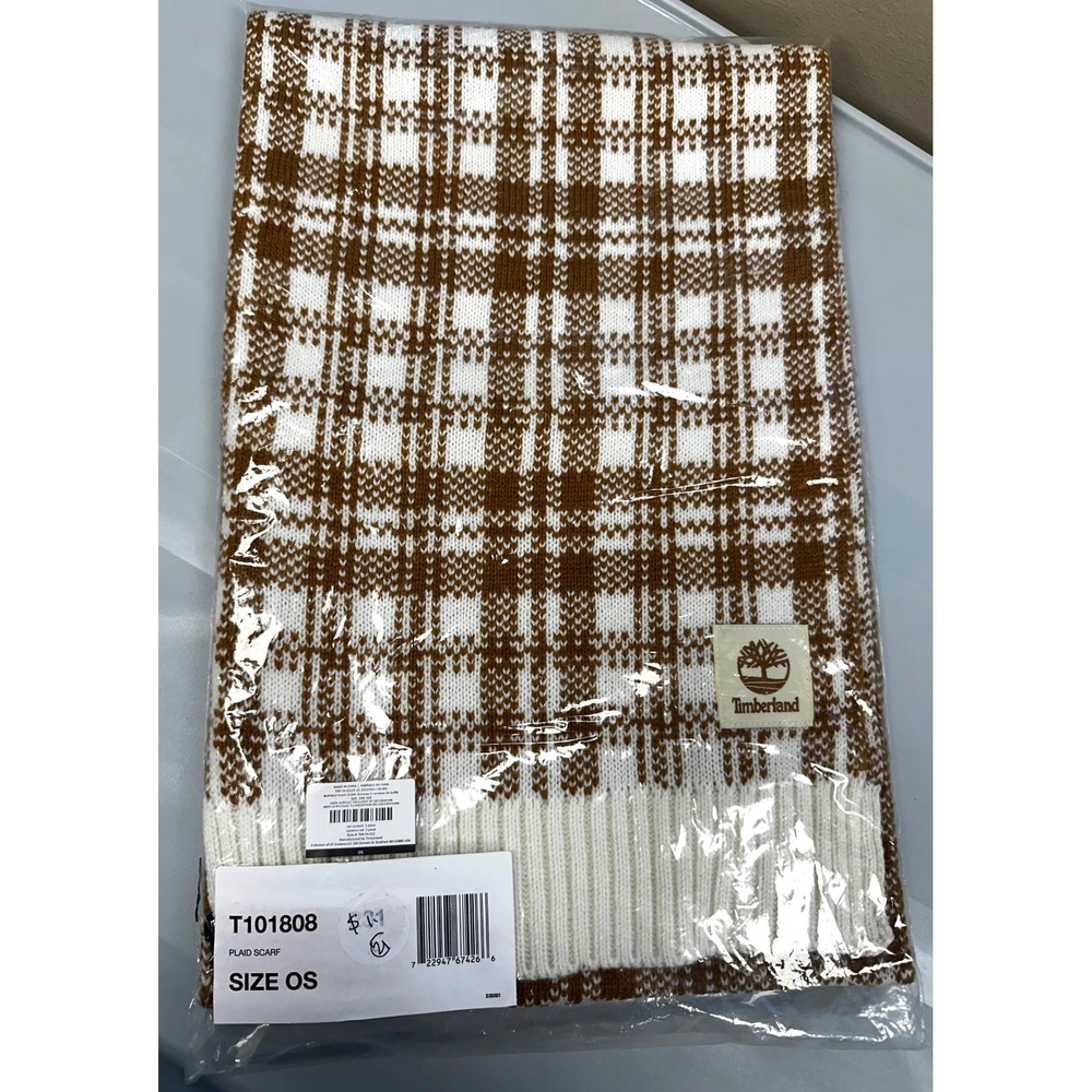 Timberland Plaid Knit Scarf Wheat Cream Brown T101808 OS NWT Sealed $60 MSRP